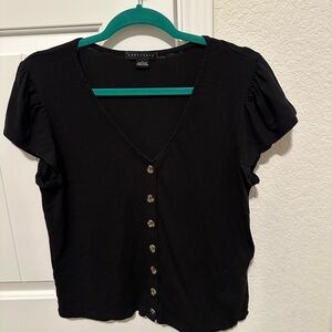 Sanctuary Flutter Sleeve V-Neck Button Blouse Women Size Large Black